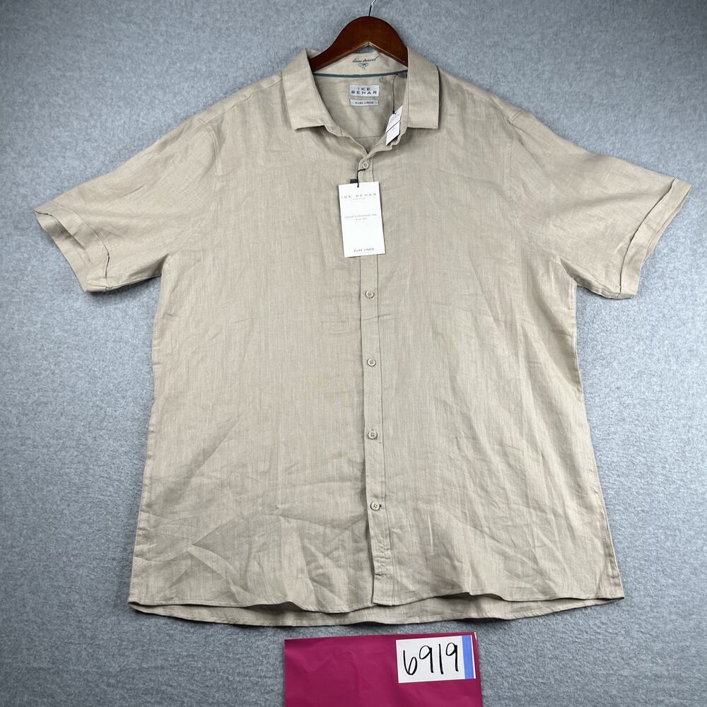 IKE Behar Linen Shirt XL Pocket Lightweight Casual Button Up Short Sleeve Ivory